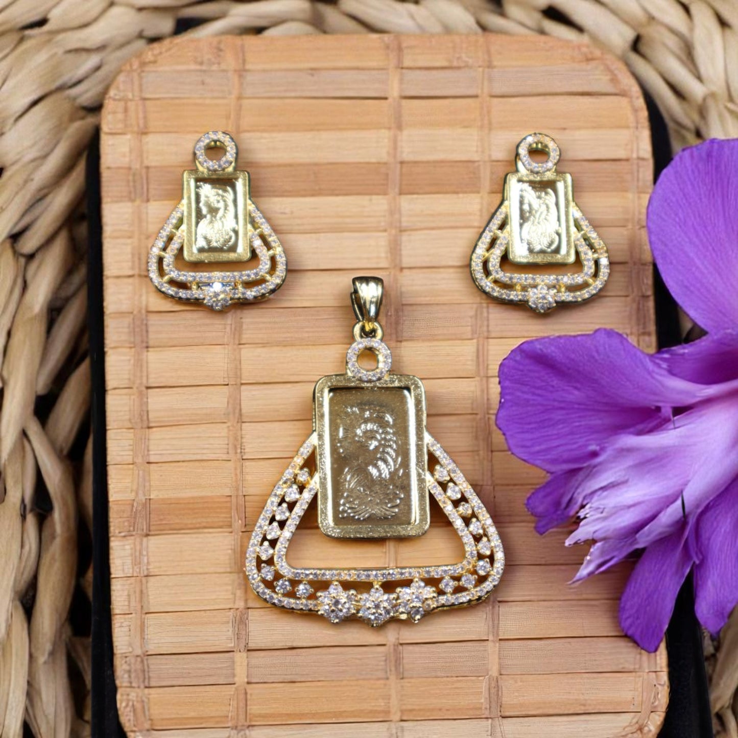 Golden Saanvika American Diamond Pendant set