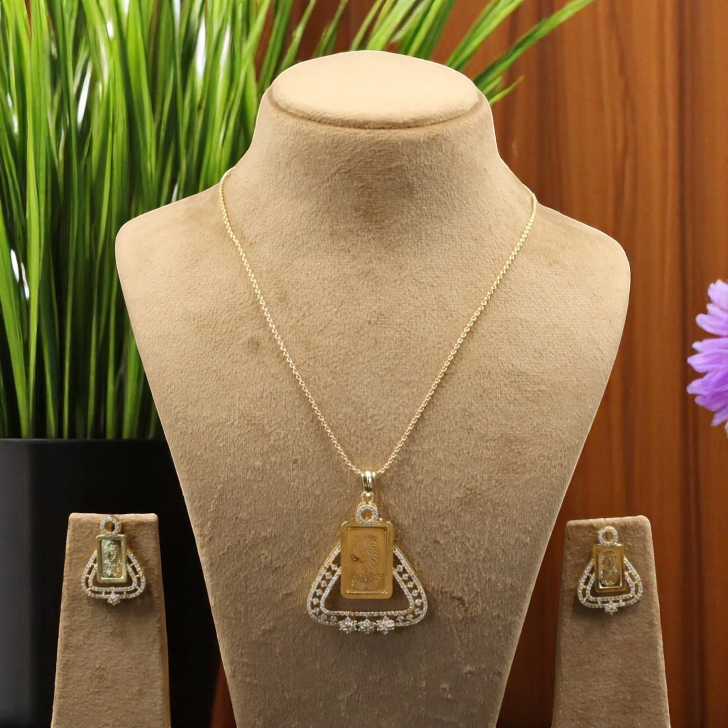 Golden Saanvika American Diamond Pendant set