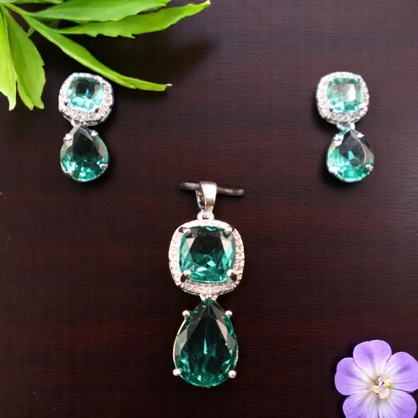 Sea Green Amolika American Diamond Pendant set