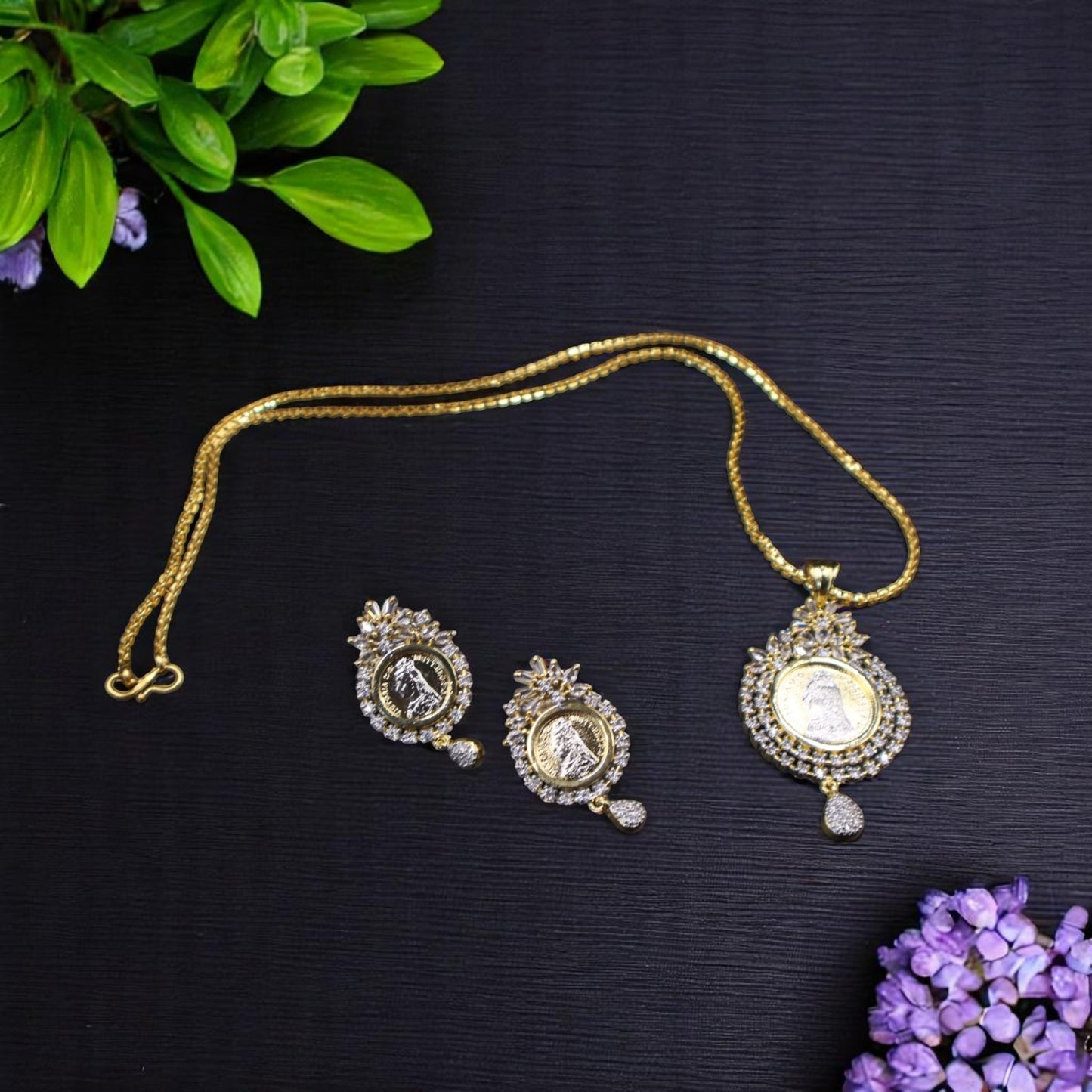 Golden Pranaya American Diamond Pendant set