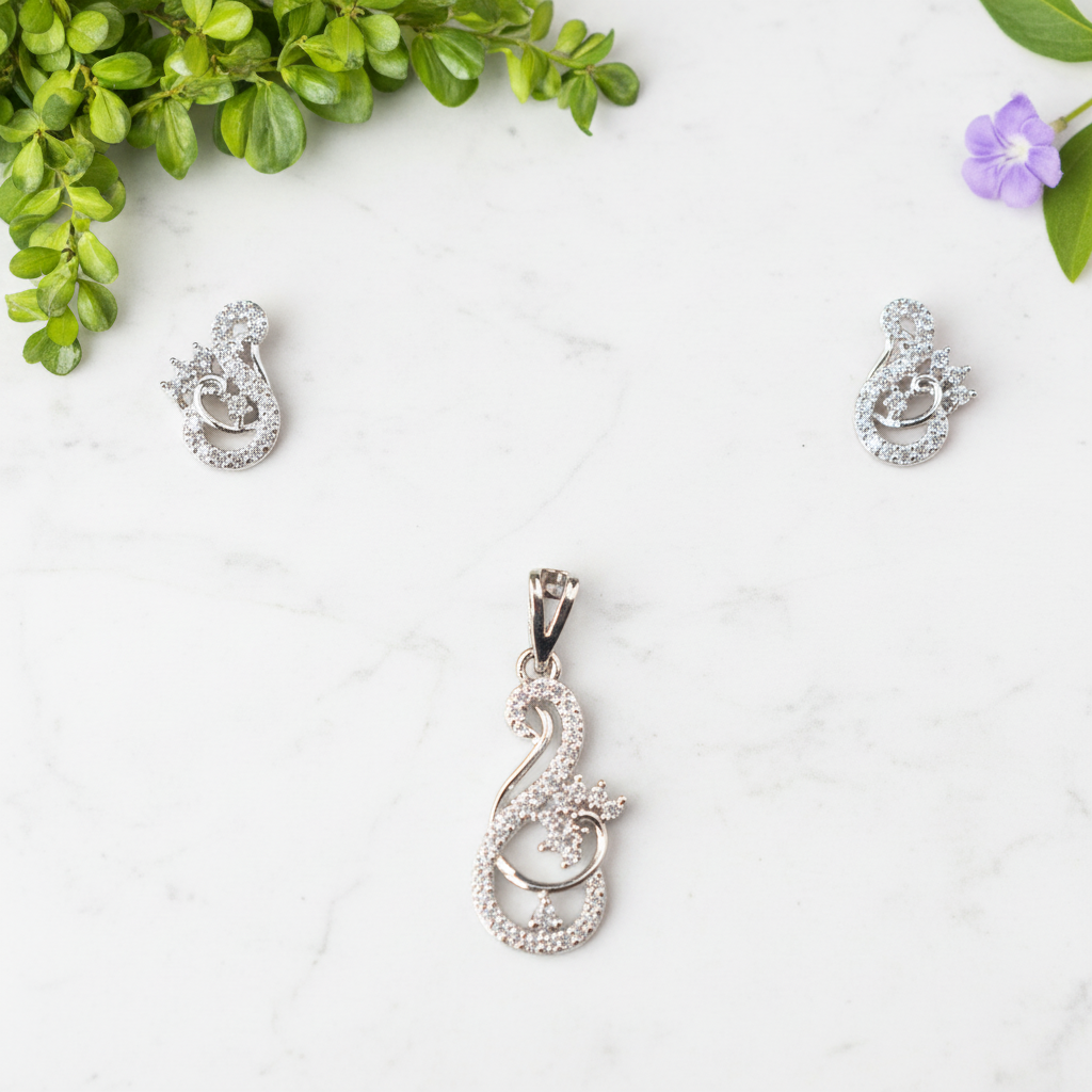 Silvery Ojasvini American Diamond Pendant set
