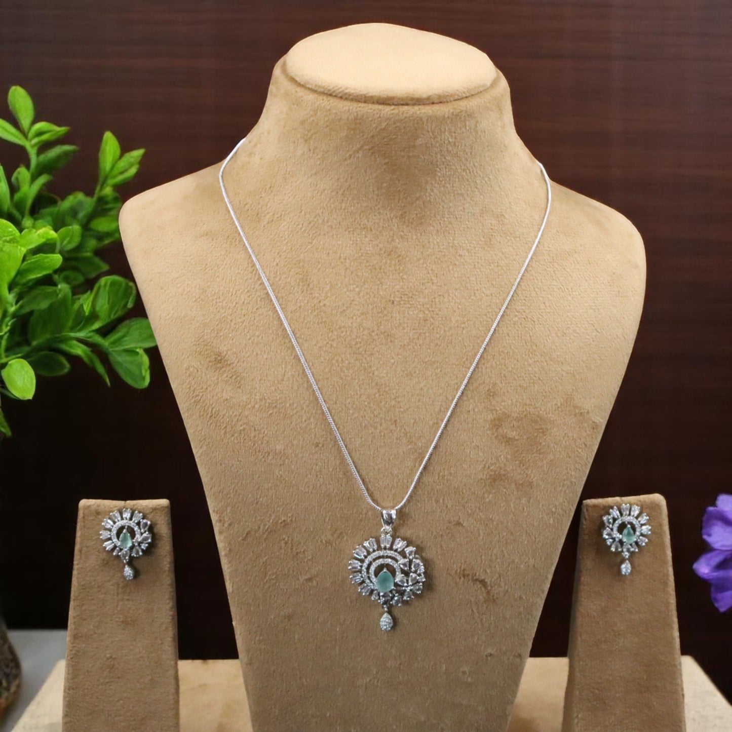 Turquoise Ishvarya American Diamond Pendant set