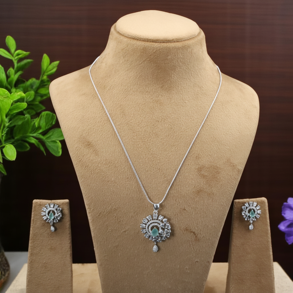 Turquoise Ishvarya American Diamond Pendant set
