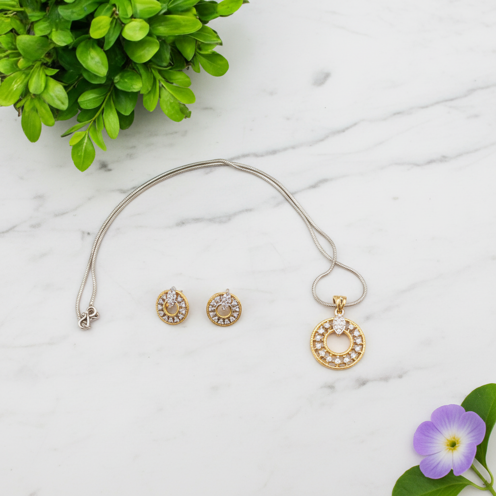 Gold Silvery Pranali American Diamond Pendant set