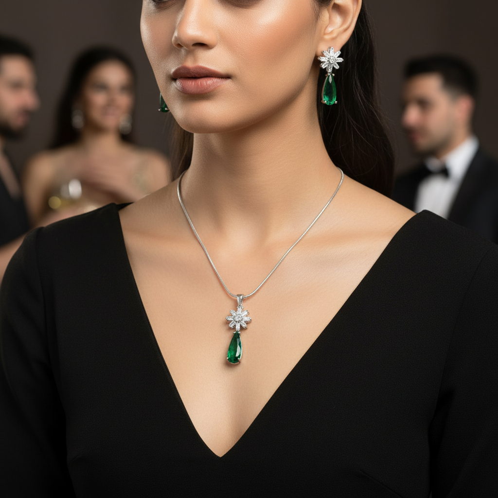 Emerald Svarnika American Diamond Pendant set