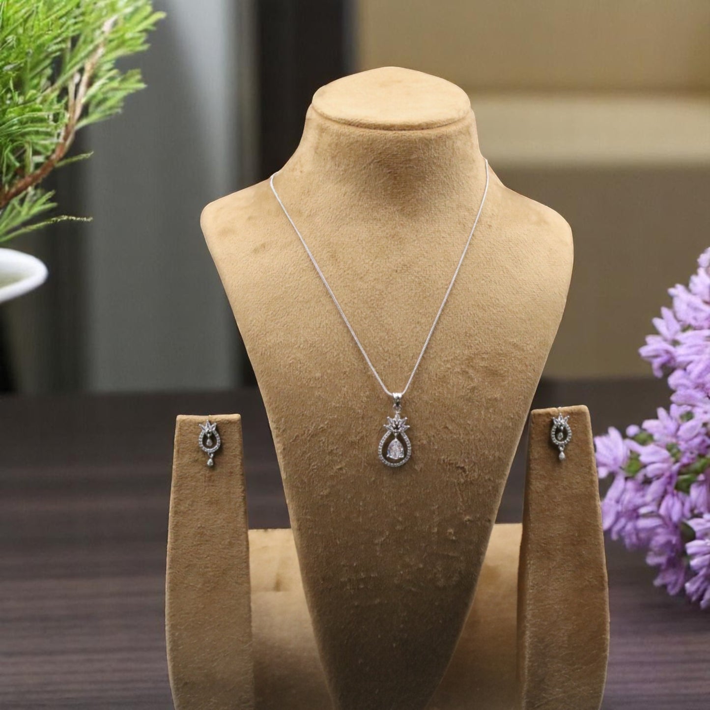 Silvery Pratibha American Diamond Pendant set