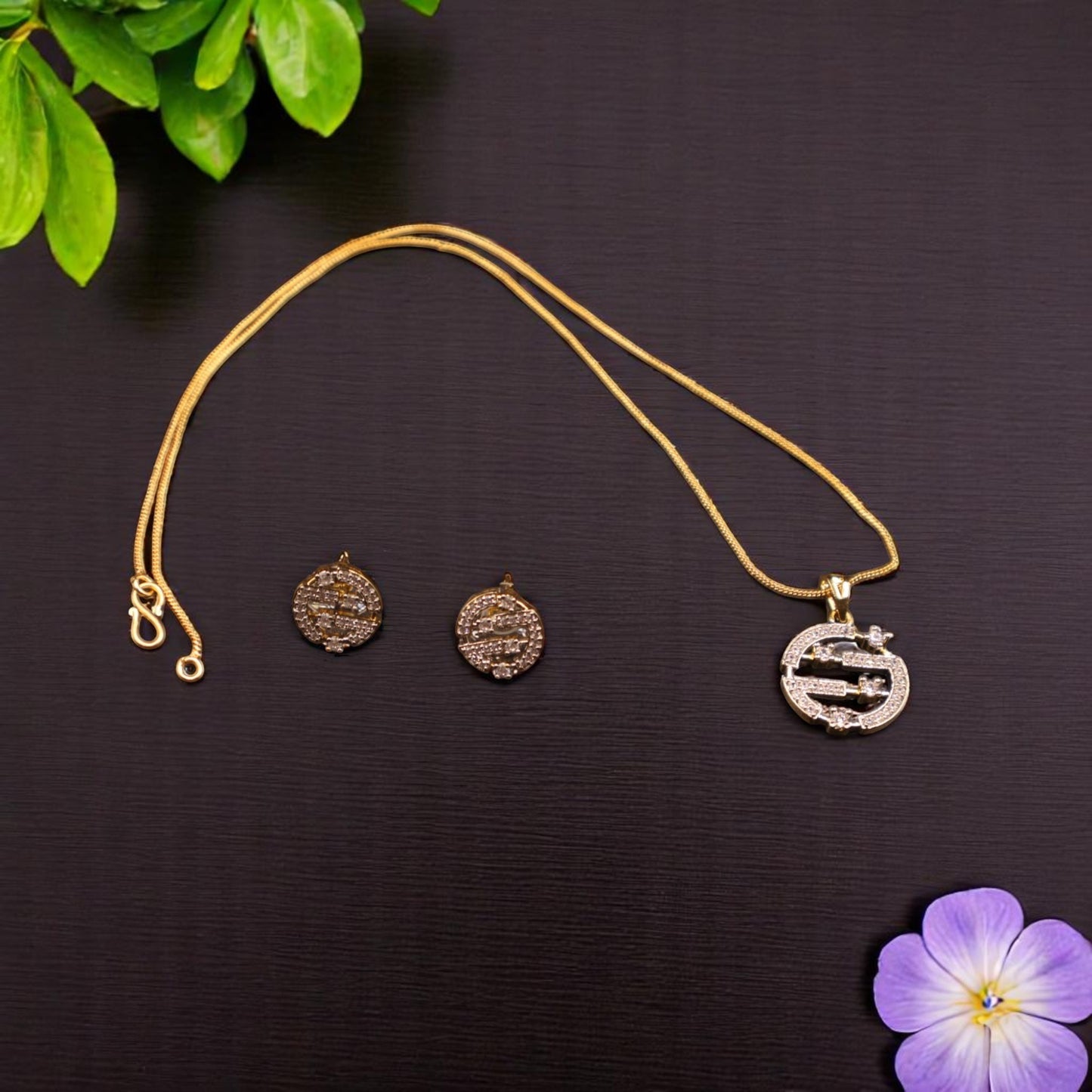 Gold Silvery Ishrika American Diamond Pendant set