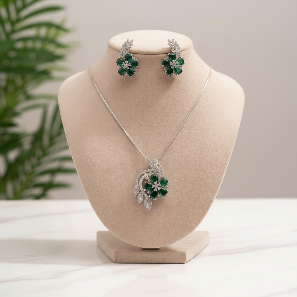 Emerald Shatarupa American Diamond Pendant set