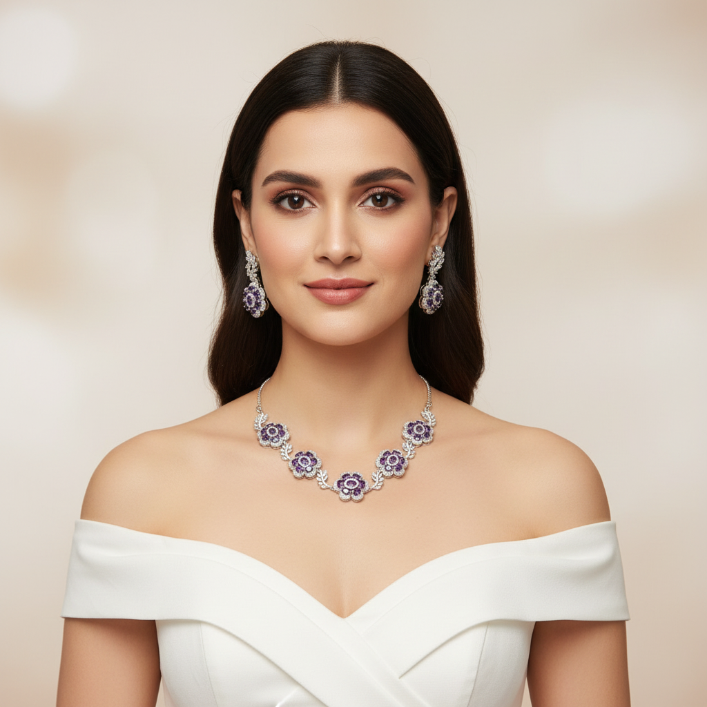 Purple Yuvrani American Diamond Necklace set