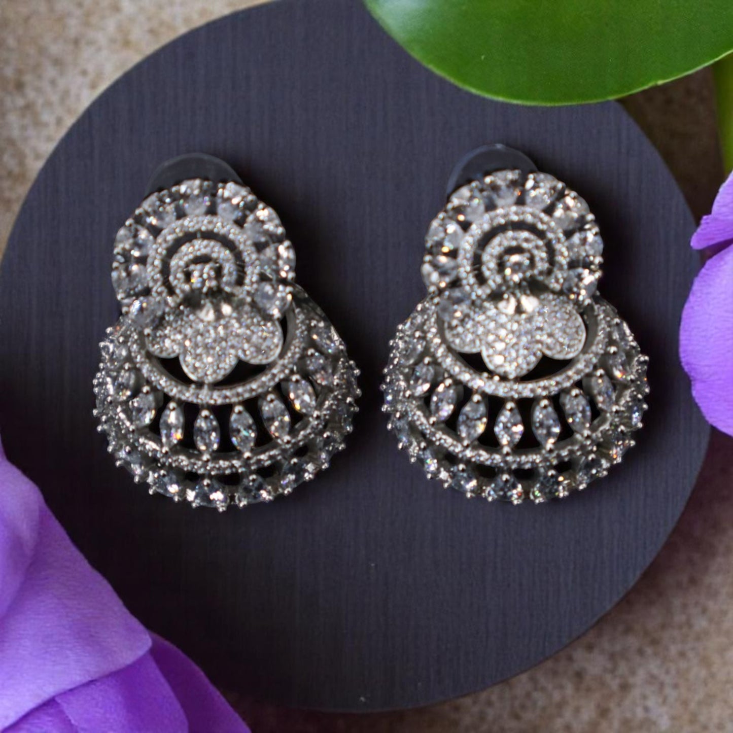 Silvery Priyadarshini American Diamond Jhumkis