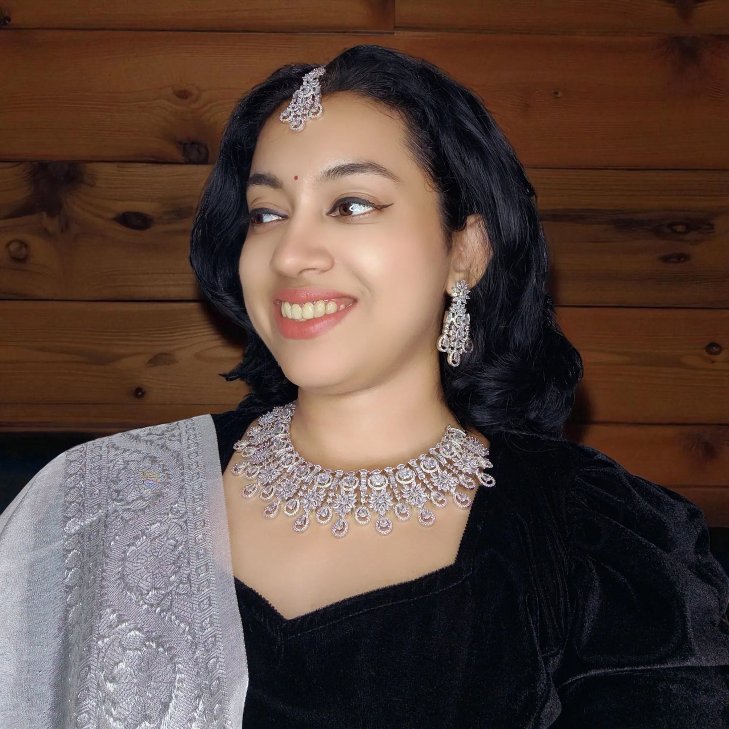 Silvery Brindavati American Diamond Necklace set with Maangtika