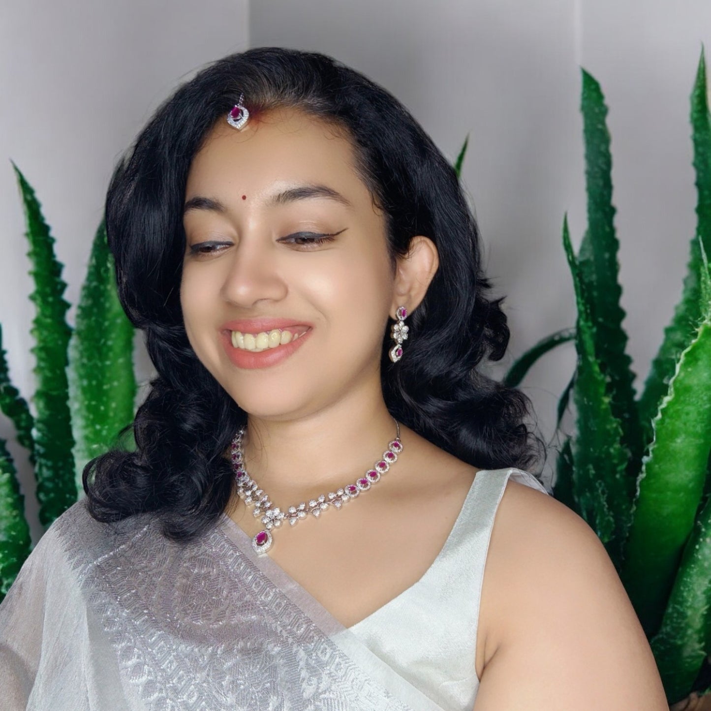 Magenta Manjari American Diamond Necklace set with Maangitka