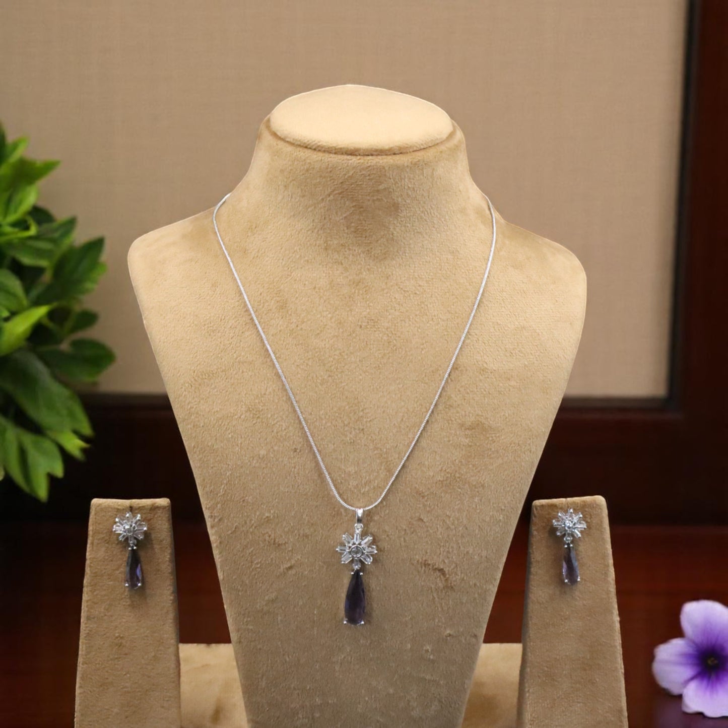 Purple Svarnika American Diamond Pendant set