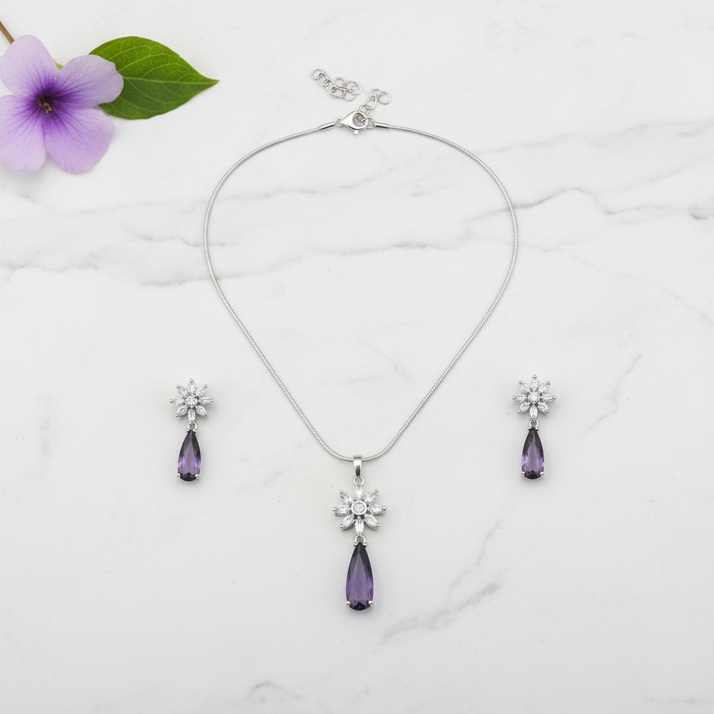 Purple Svarnika American Diamond Pendant set