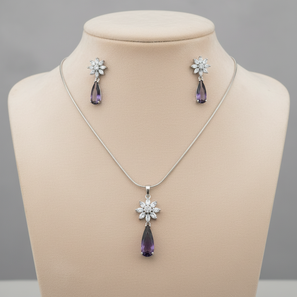 Purple Svarnika American Diamond Pendant set