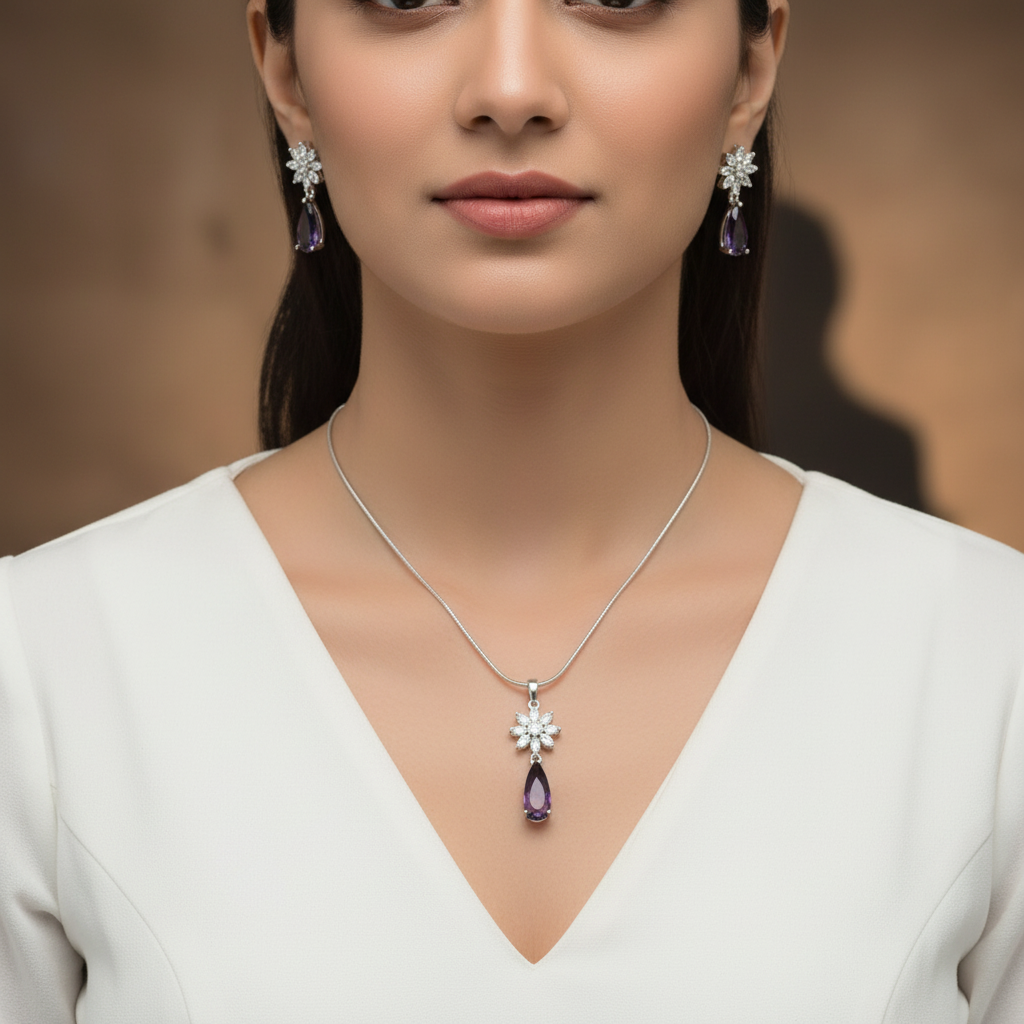 Purple Svarnika American Diamond Pendant set