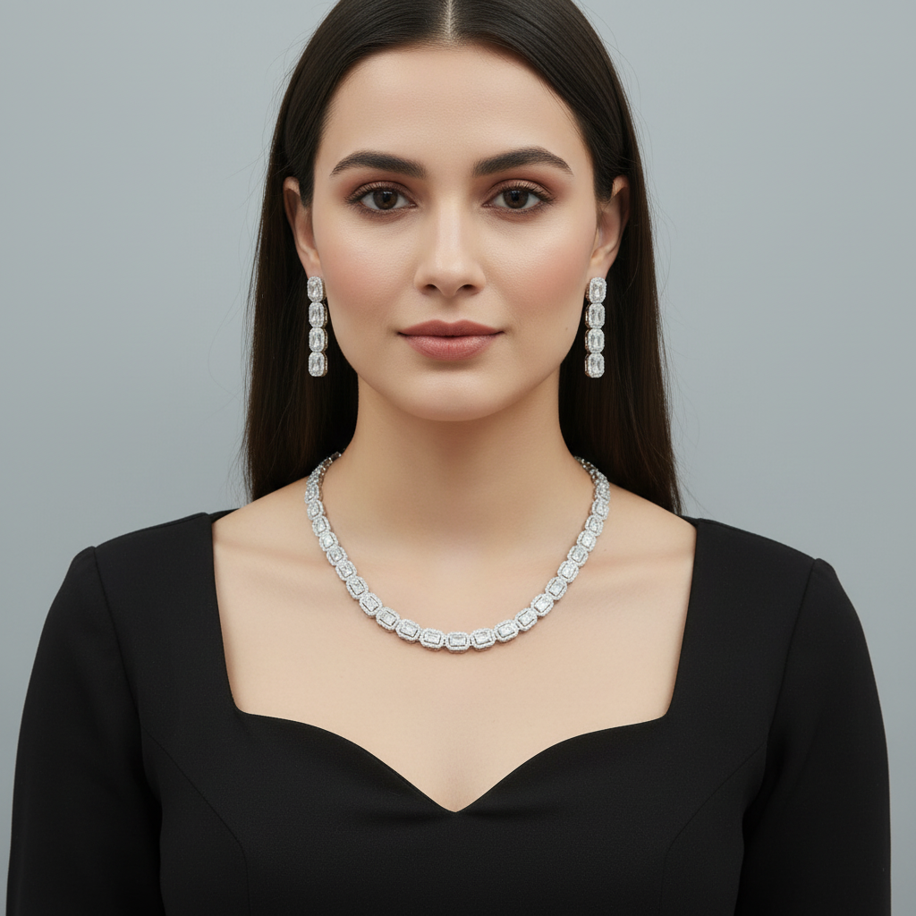 Silvery Chitrangi American Diamond Necklace set