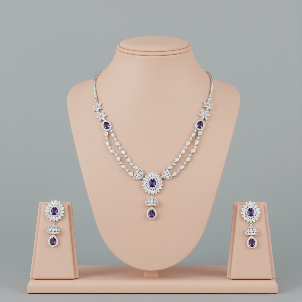 Purple Roshika American Diamond Necklace set