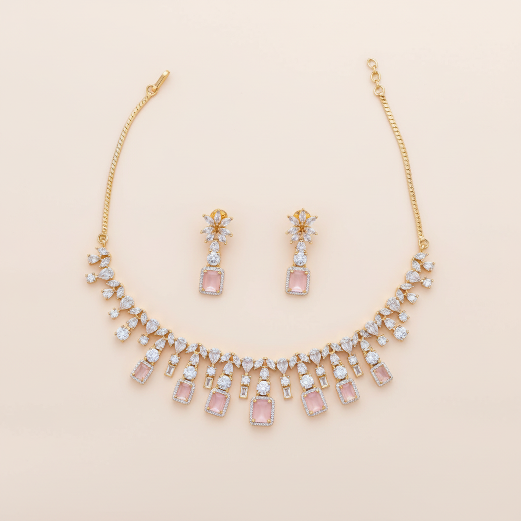 Pink Maniratna American Diamond Necklace set