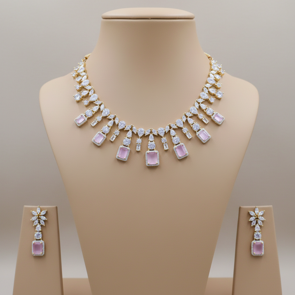 Pink Maniratna American Diamond Necklace set