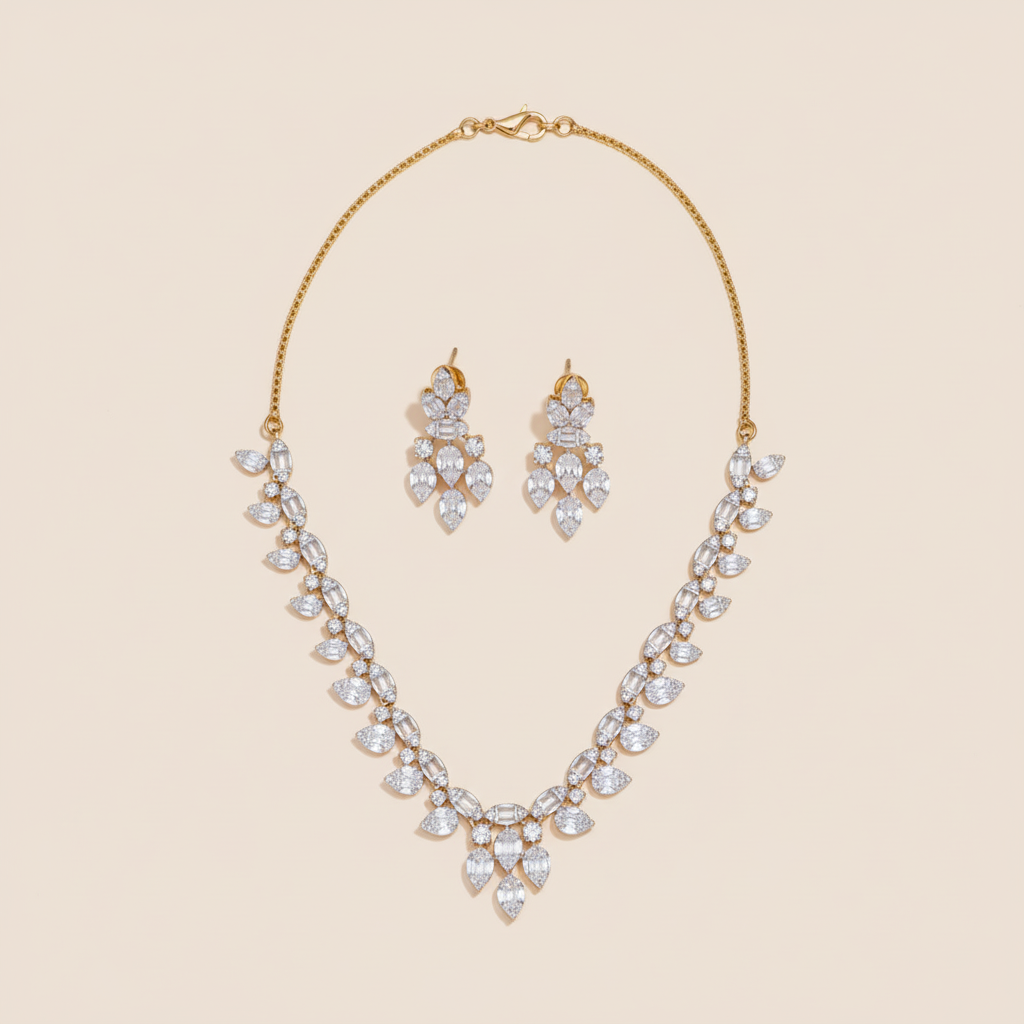 Golden Sanjhika American Diamond Necklace set