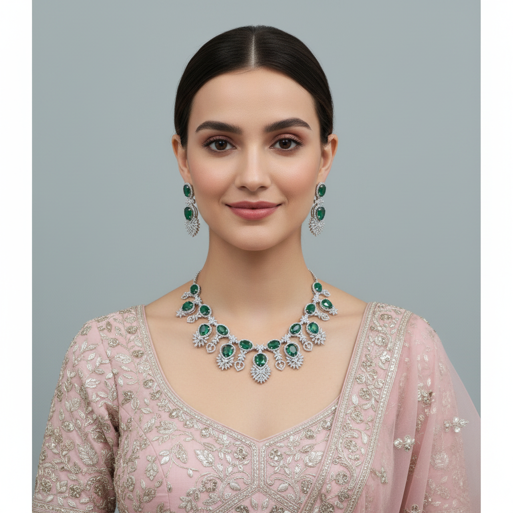 Emerald Lalitha American Diamond Necklace set