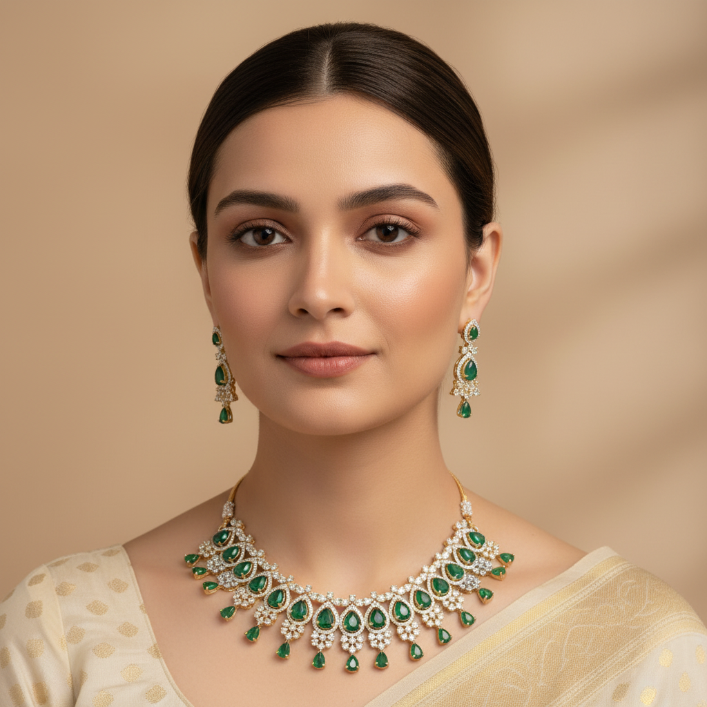 Emerald Aarohi American Diamond Necklace set