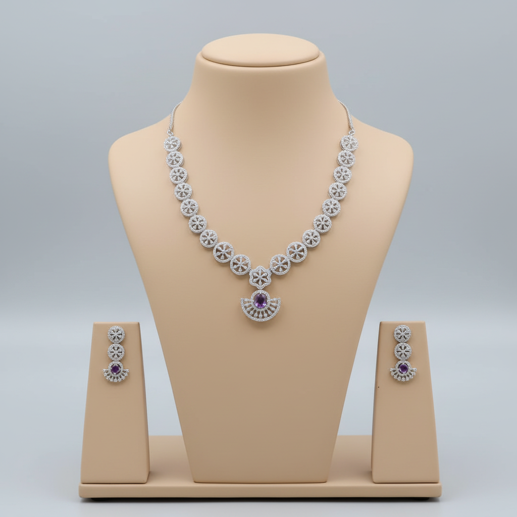 Purple Pushpanjali American Diamond Necklace set