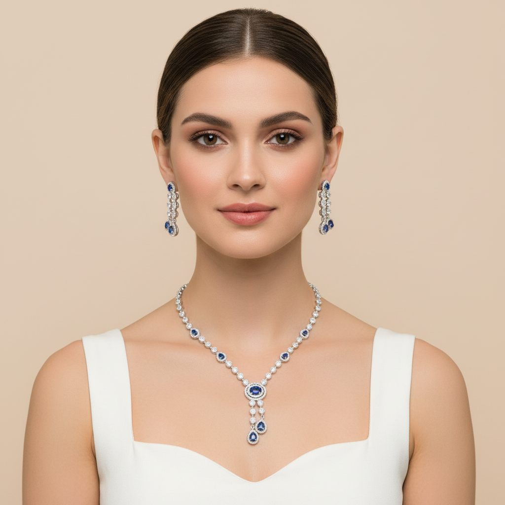 Royal Blue Poonam American Diamond Necklace set