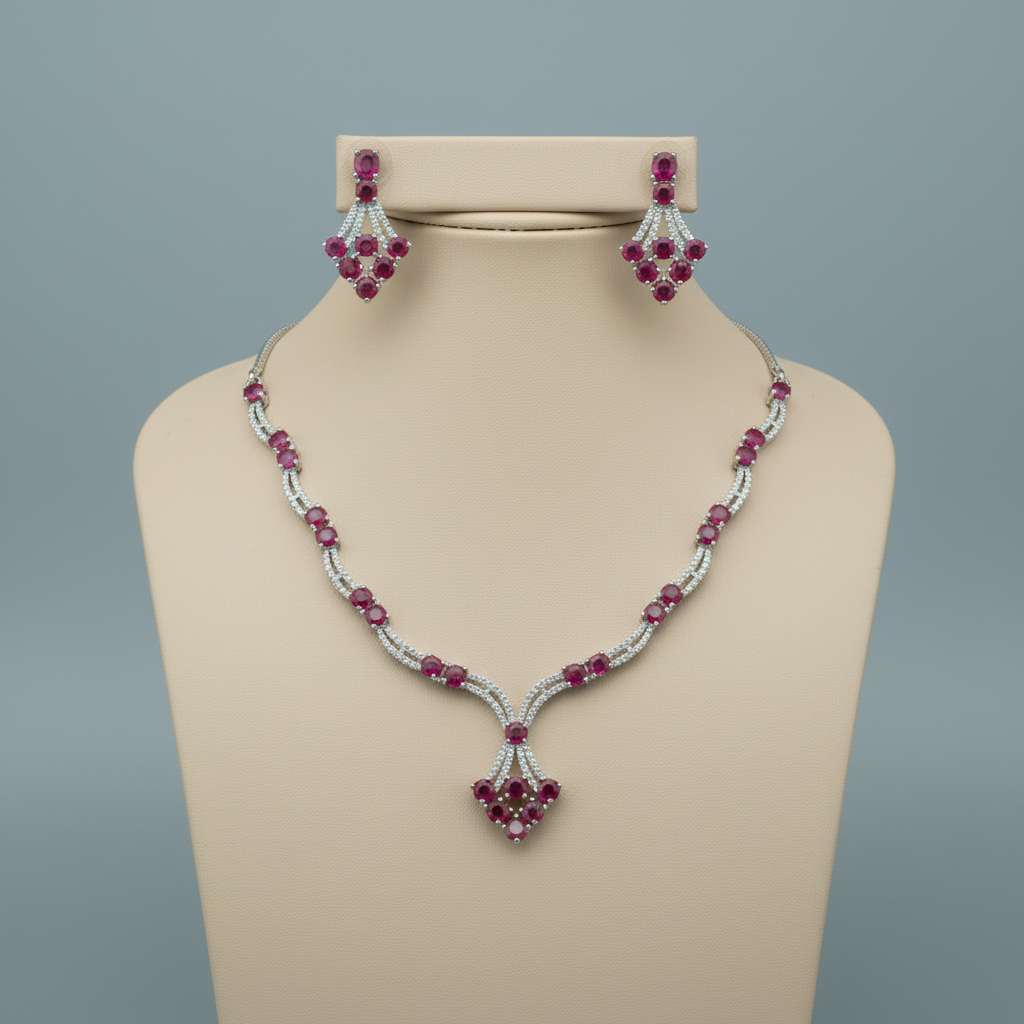 Dark Pink Lavanya American Diamond Necklace set