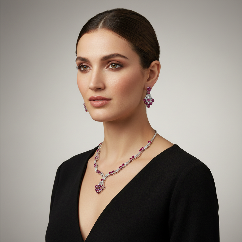 Dark Pink Lavanya American Diamond Necklace set