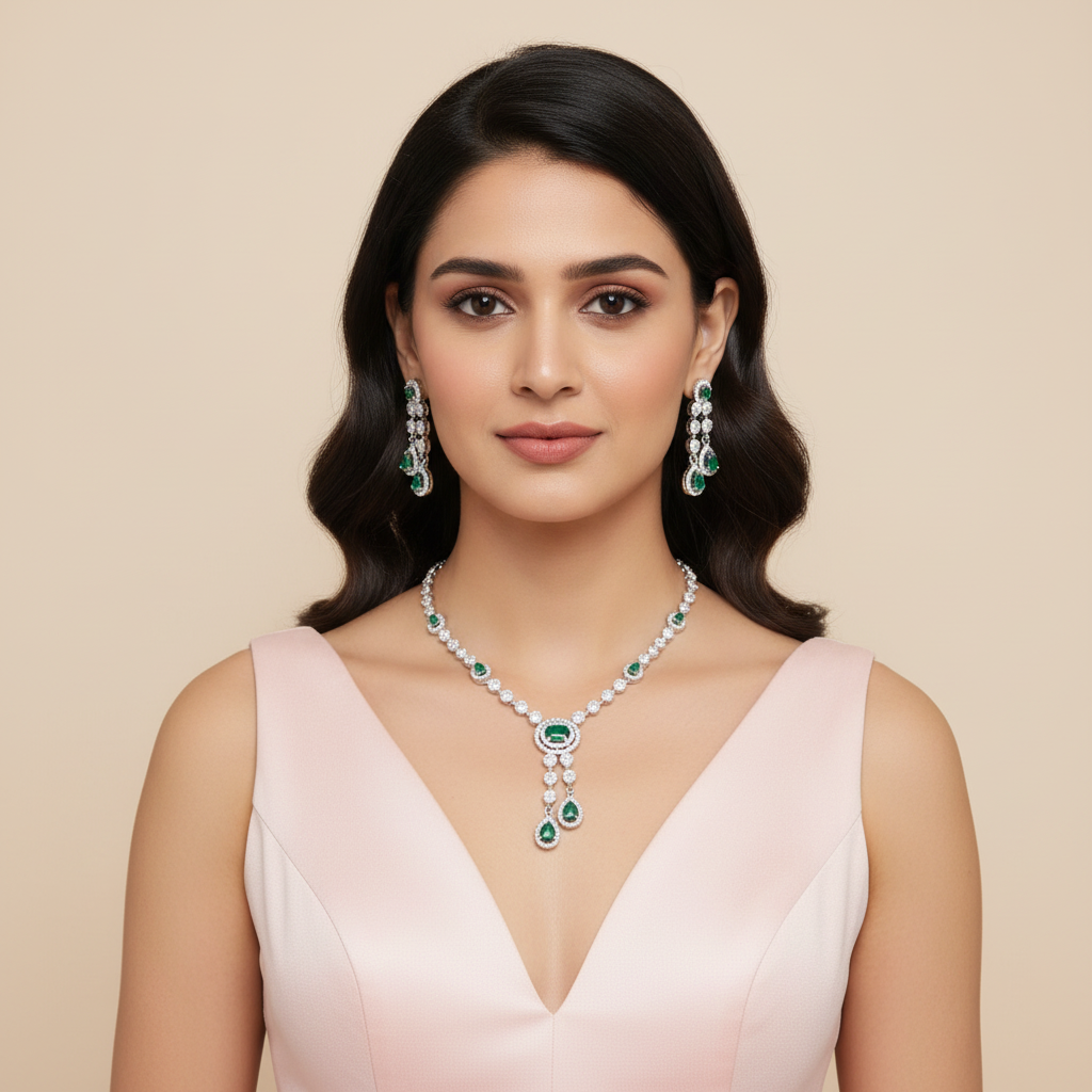 Emerald Poonam American Diamond Necklace set