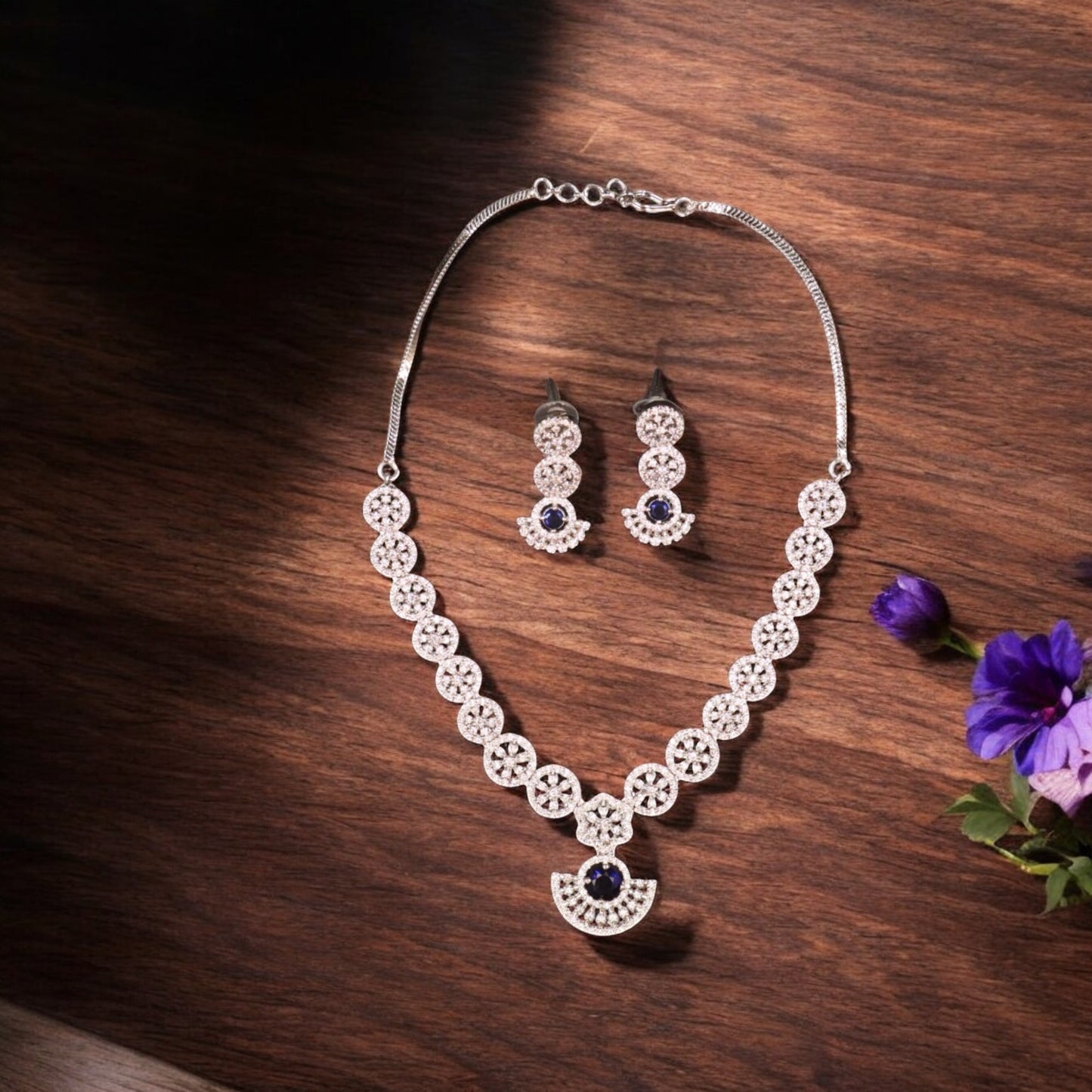 Royal Blue Pushpanjali American Diamond Necklace set