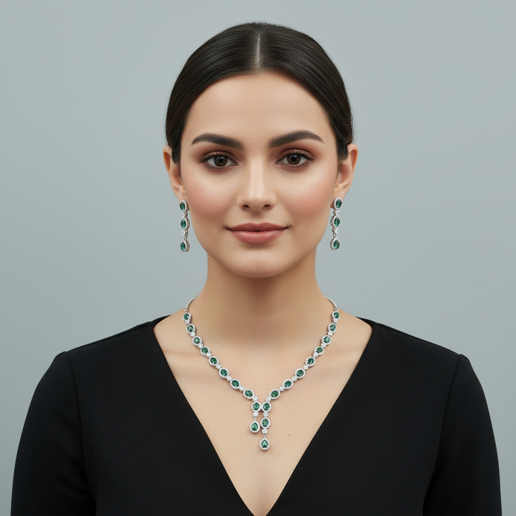 Emerald Chitramani American Diamond Necklace set