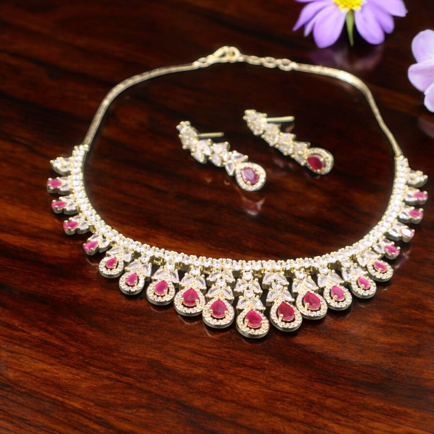 Magenta Charulata American Diamond Necklace set