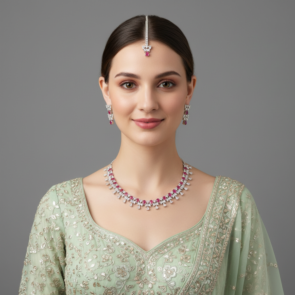 Dark Pink Sharvangi American Diamond Necklace set with Maangtika