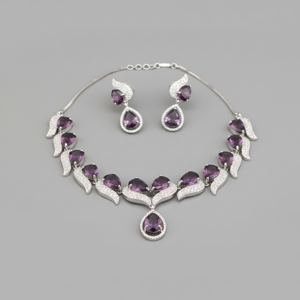 Purple Sattvika American Diamond Necklace set