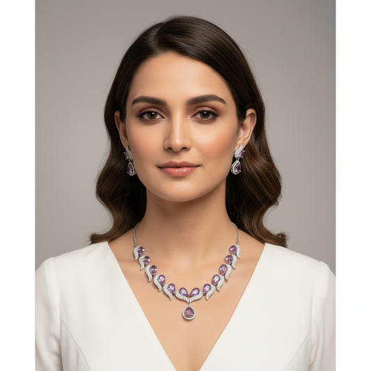 Lavender Sattvika American Diamond Necklace set