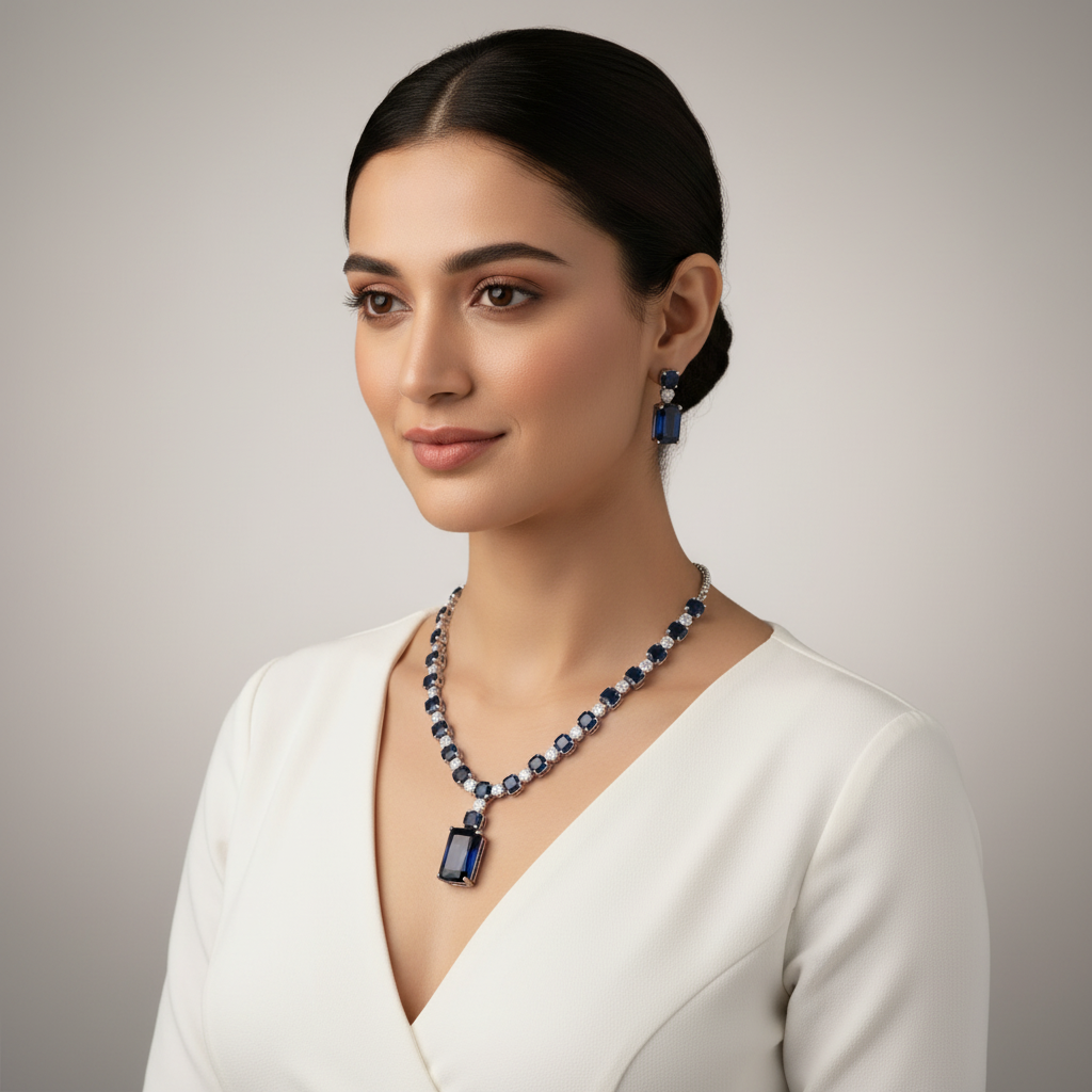 Royal Blue Chandni American Diamond Necklace set