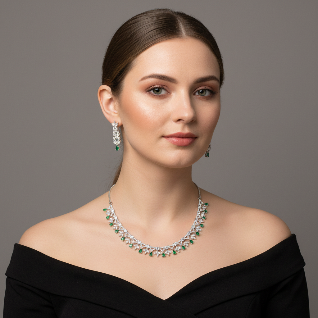 Emerald Manorama American Diamond Necklace set
