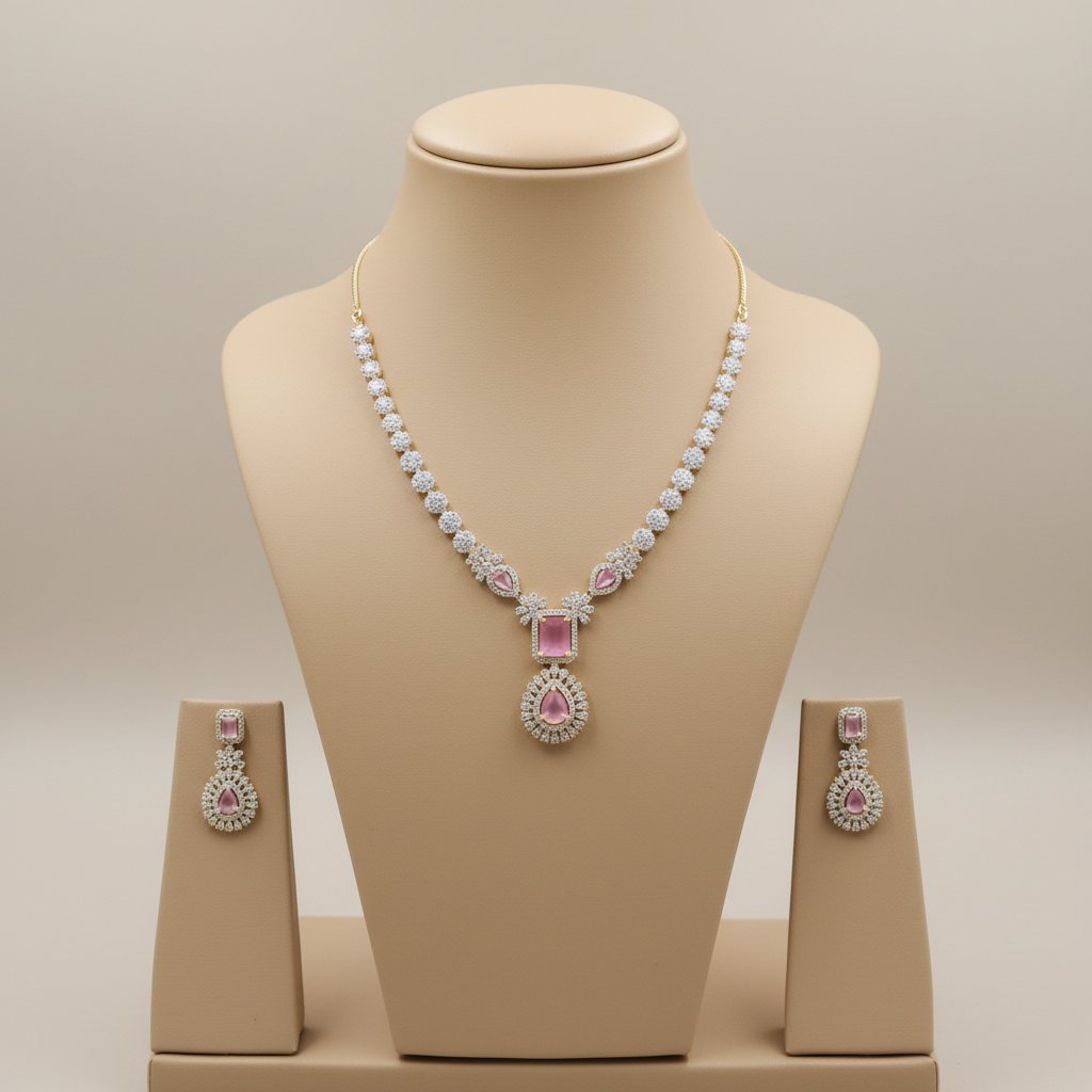 Pink Padmavati American Diamond Necklace set