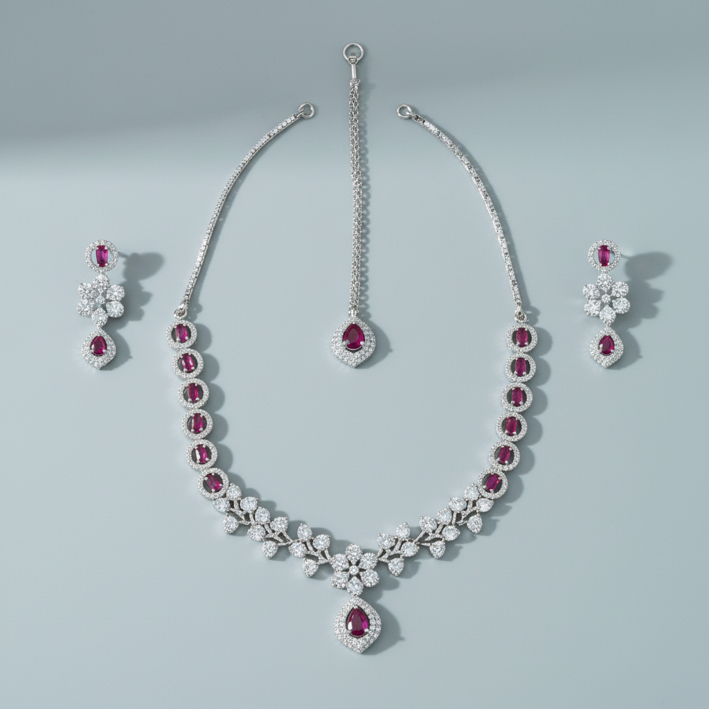 Magenta Manjari American Diamond Necklace set with Maangitka