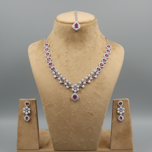 Magenta Manjari American Diamond Necklace set with Maangitka