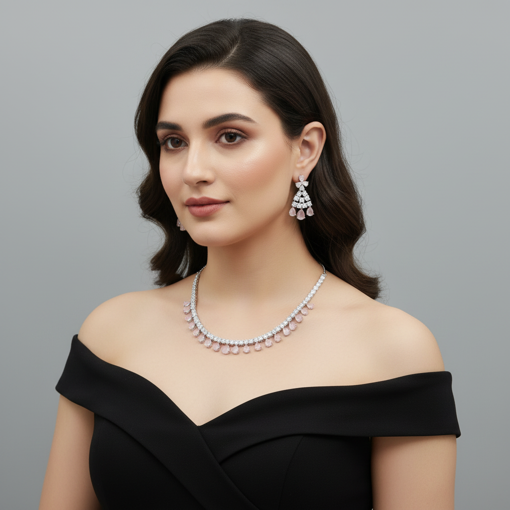 Pink Ratnashree American Diamond Necklace set