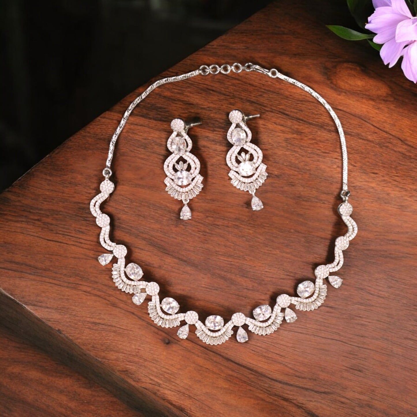 Silvery Aishwarya American Diamond Necklace set