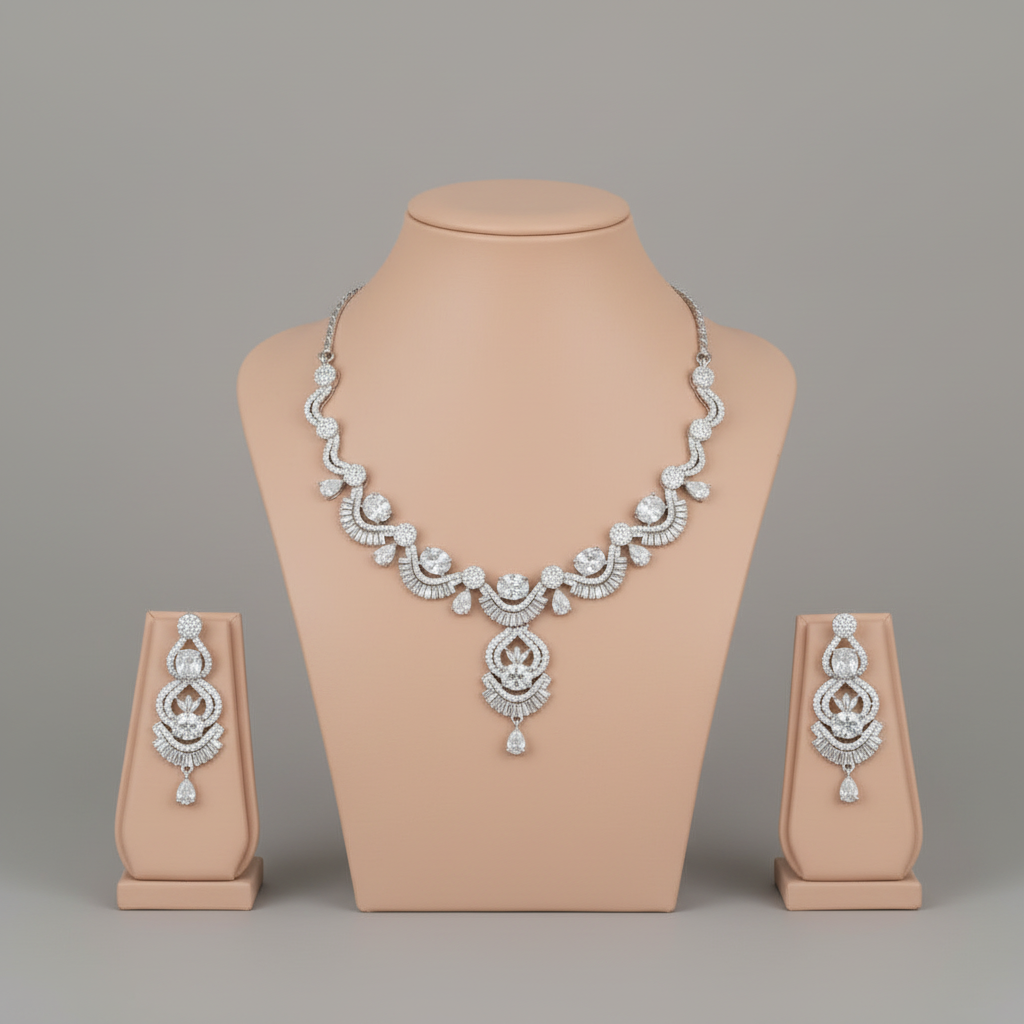 Silvery Aishwarya American Diamond Necklace set
