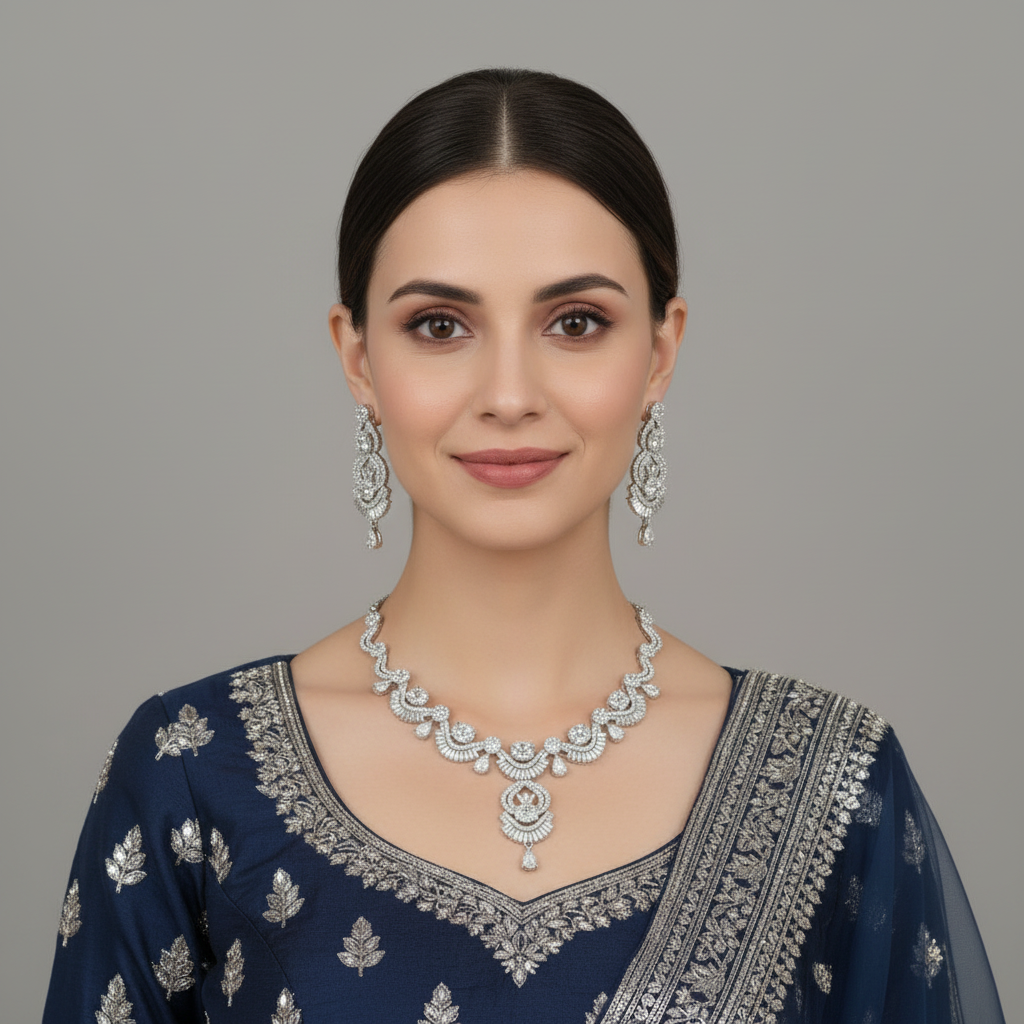 Silvery Aishwarya American Diamond Necklace set