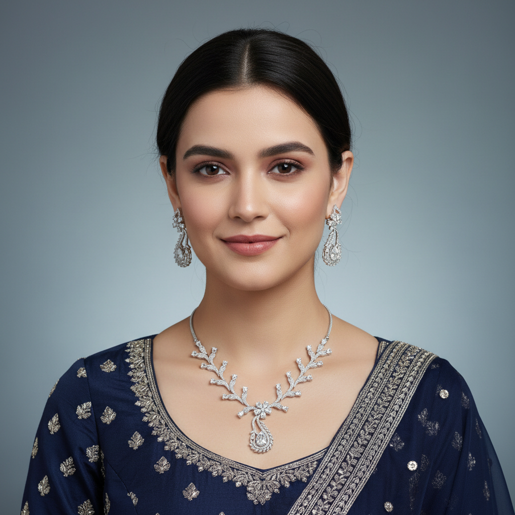 Silvery Kalpita American Diamond Necklace set