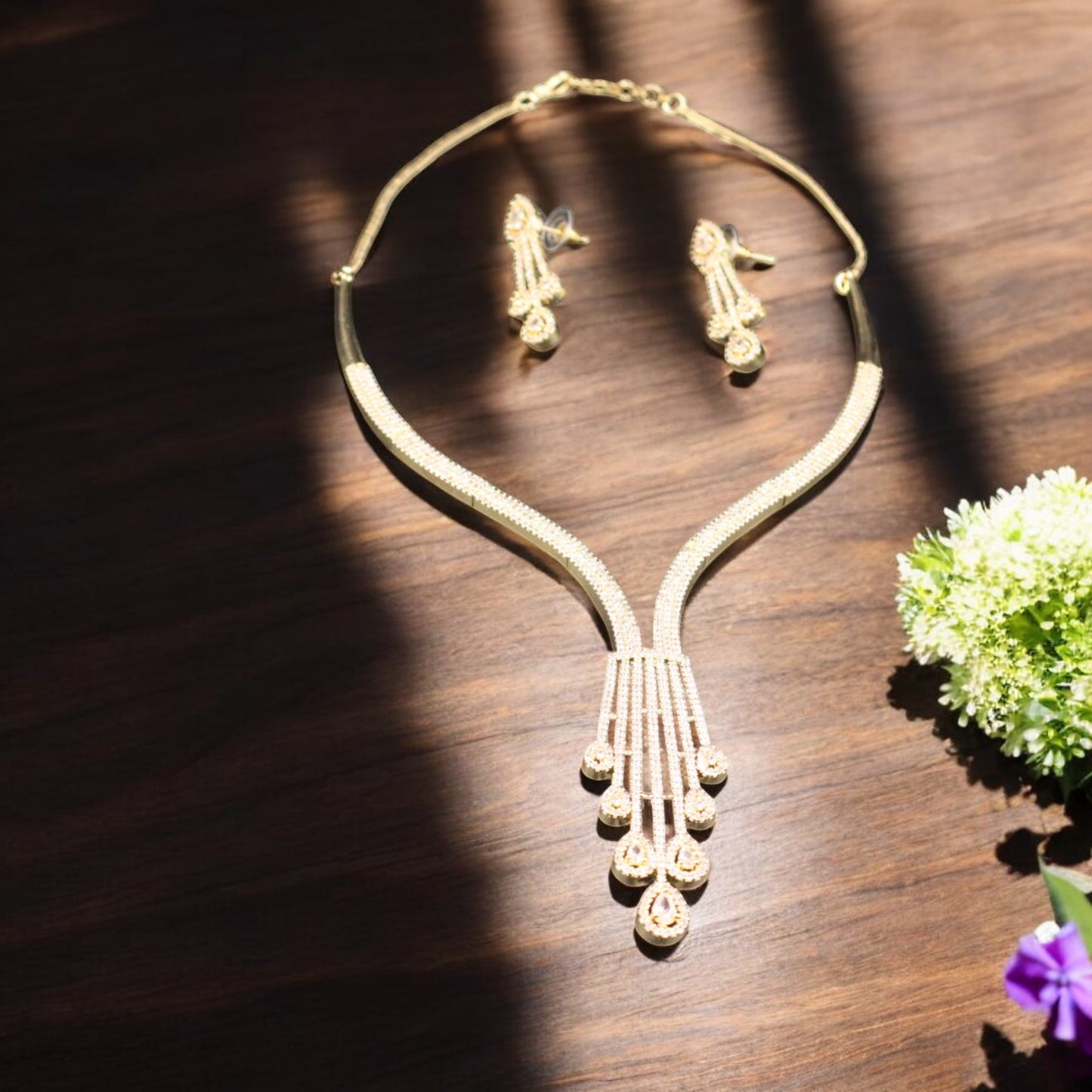 Golden Dhwani American Diamond Hasli Necklace set