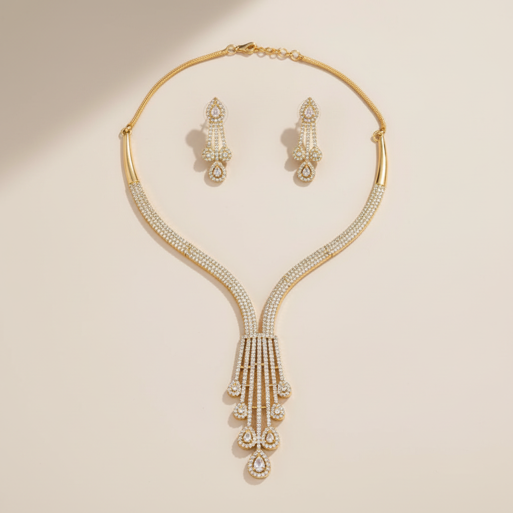 Golden Dhwani American Diamond Hasli Necklace set